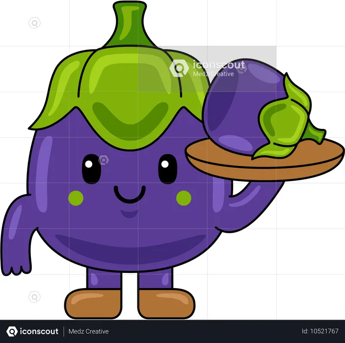 Mascotte d'aubergine tenant une aubergine  Illustration