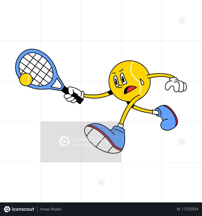 Mascotte de balle de tennis avec raquette pivotante en action  Illustration