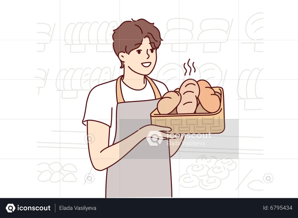 Homem segurando uma cesta de pão fresco  Ilustração