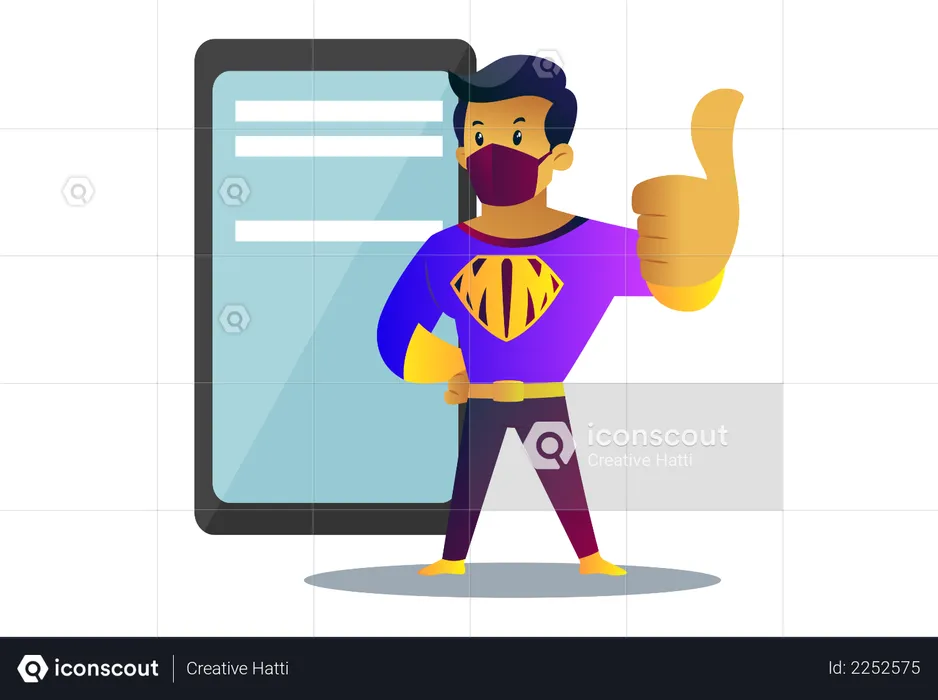 Mask man is checking status of coronavirus on mobile and showing thumbs up  Illustration