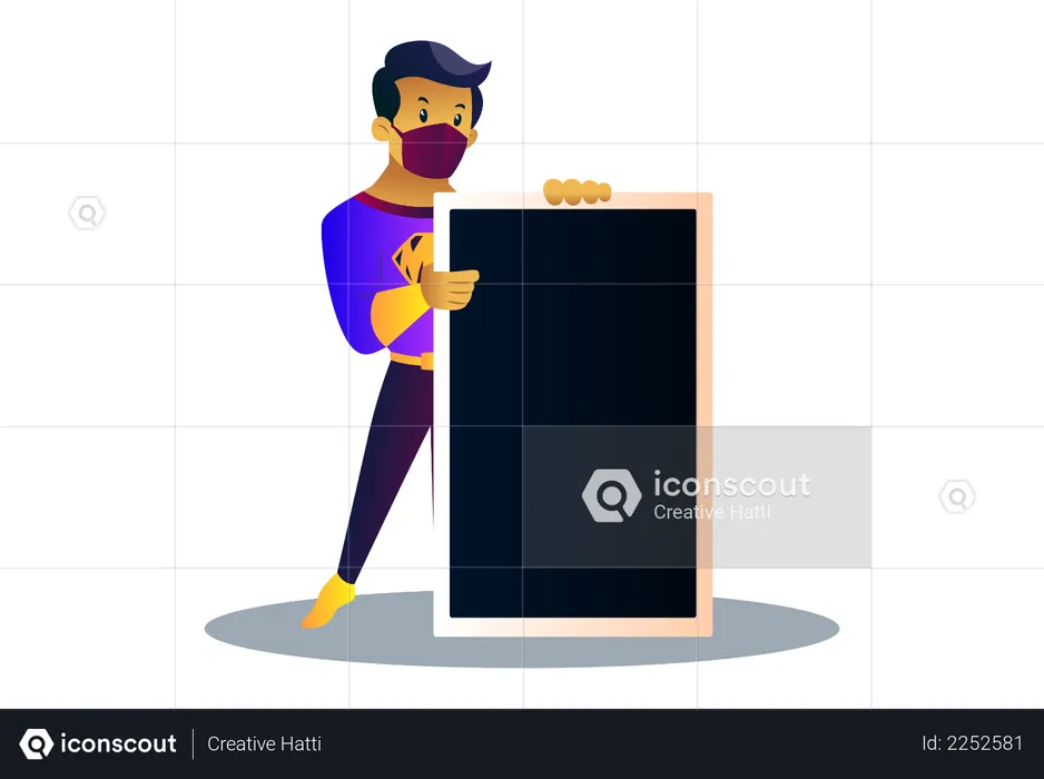 Mask man is holding an empty board in hand  Illustration