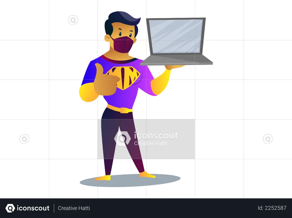 Mask man is holding laptop in hand  Illustration