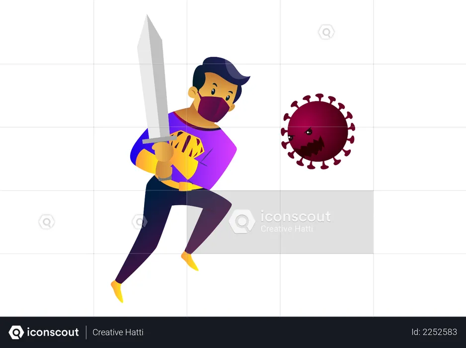Mask man is holding sword and fighting with coronavirus  Illustration