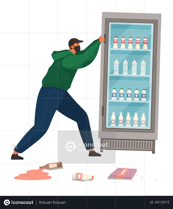 Masked and hooded bandit destroys refrigerator  Illustration