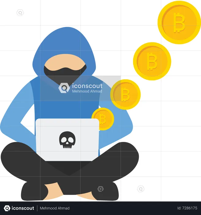 Masked scammer steals cryptocurrency on laptop  Illustration