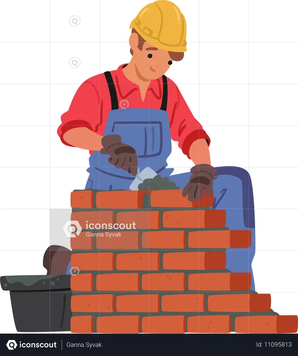 Mason Or Bricklayer Wearing Hard Hat Laying Bricks And Constructing Brick Wall Or Structure On Construction Site  Illustration