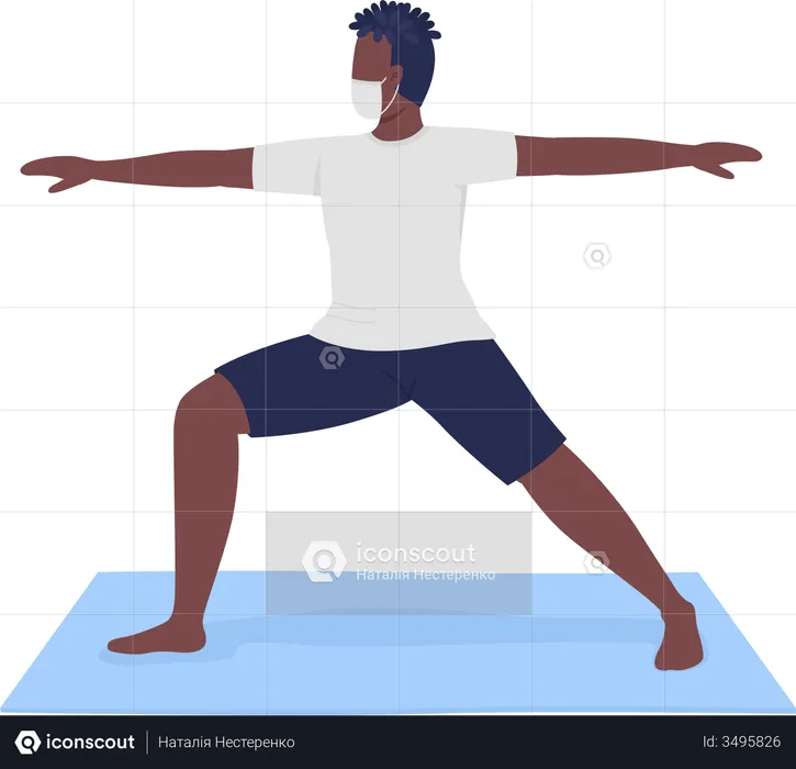 Homme en masque en tissu exécutant une pose de yoga guerrier  Illustration