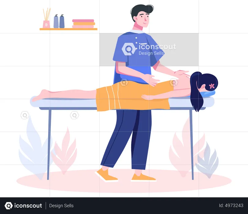 Massage therapist in spa salon performs massage procedure for client  Illustration