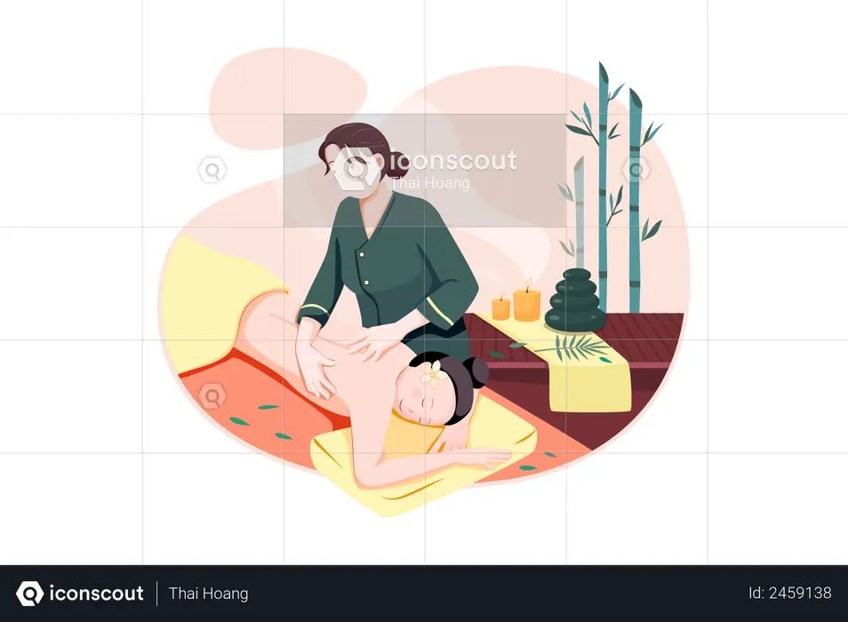 Professionelle Massagetherapeutin mit Charakter, die einer glücklich lächelnden Frau eine exotische Massage gibt  Illustration