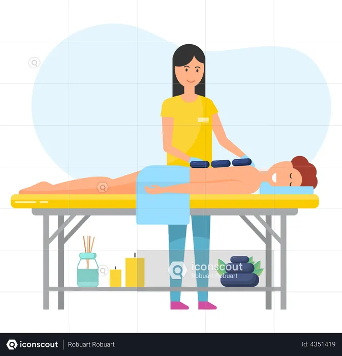 Masseuse doing stone massage on client  Illustration