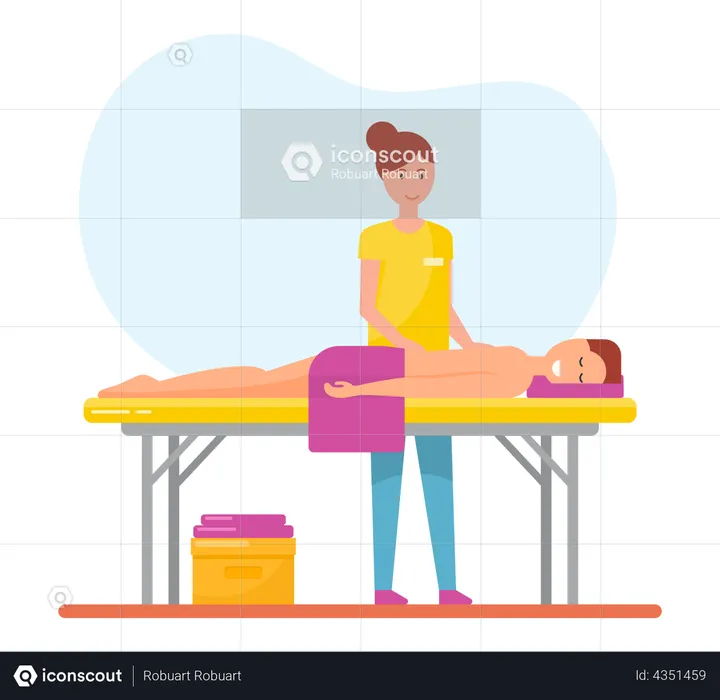 Masseuse working with back of client in spa salon  Illustration