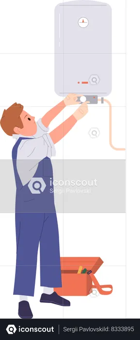 Master character from professional repair service fixing problem of heating boiler work  Illustration