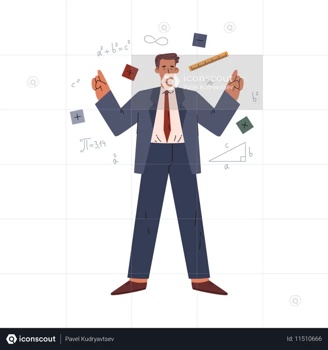 Matemático apontando para sinais e fórmulas  Ilustração