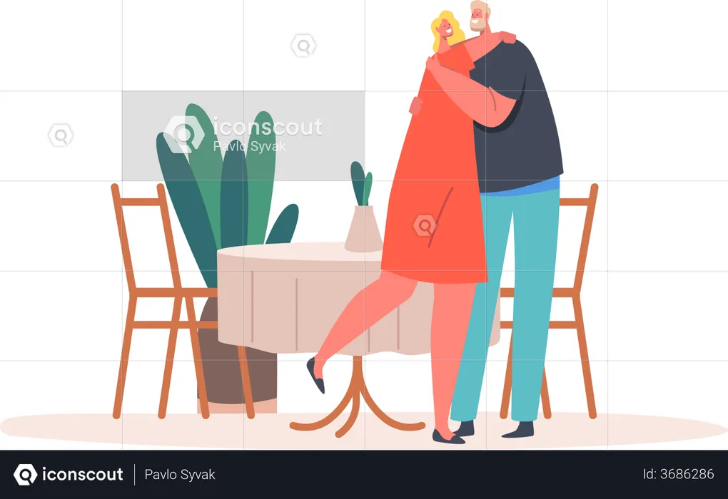 Mature Couple Hugging in Restaurant  Illustration