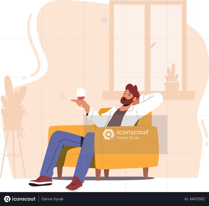 Mature Male Sit on Armchair Hold Wineglass in Hand  Illustration