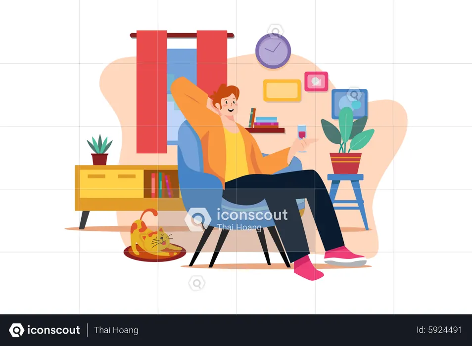Mature male sit on armchair wineglass in hand  Illustration