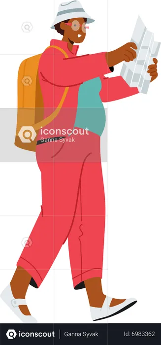 Mature Tourist Woman Walking With Backpack And Map  Illustration