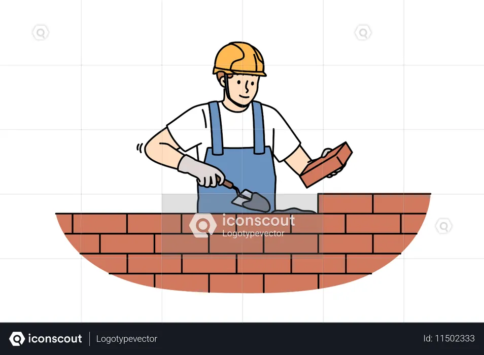 Ein Maurer baut eine Ziegelmauer, indem er Betonmörtel verteilt, um ein stabiles Haus zu schaffen  Illustration
