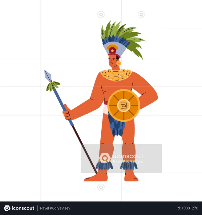 Maya civilization warrior with shield and spear  Illustration