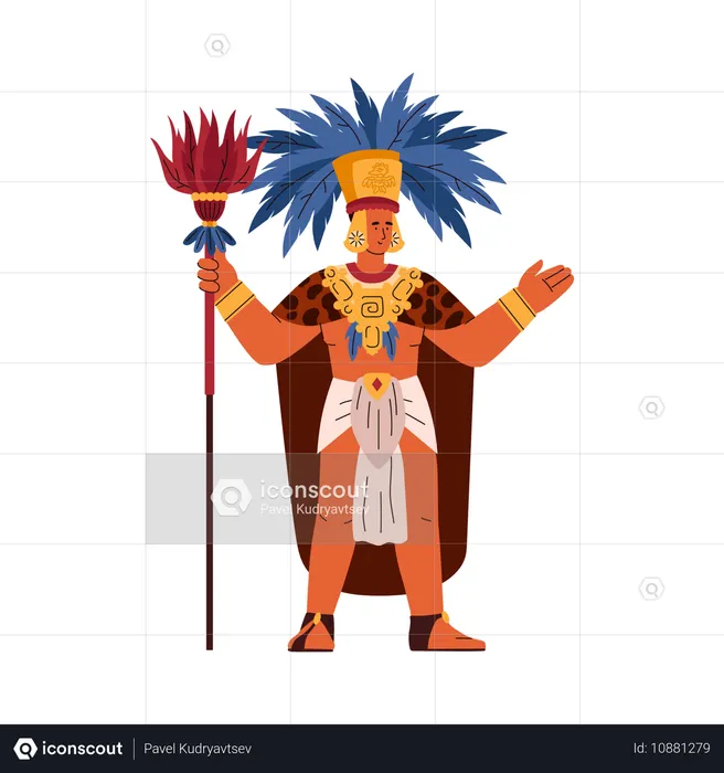 Maya tribal leader in traditional costume animal skin cape  Illustration