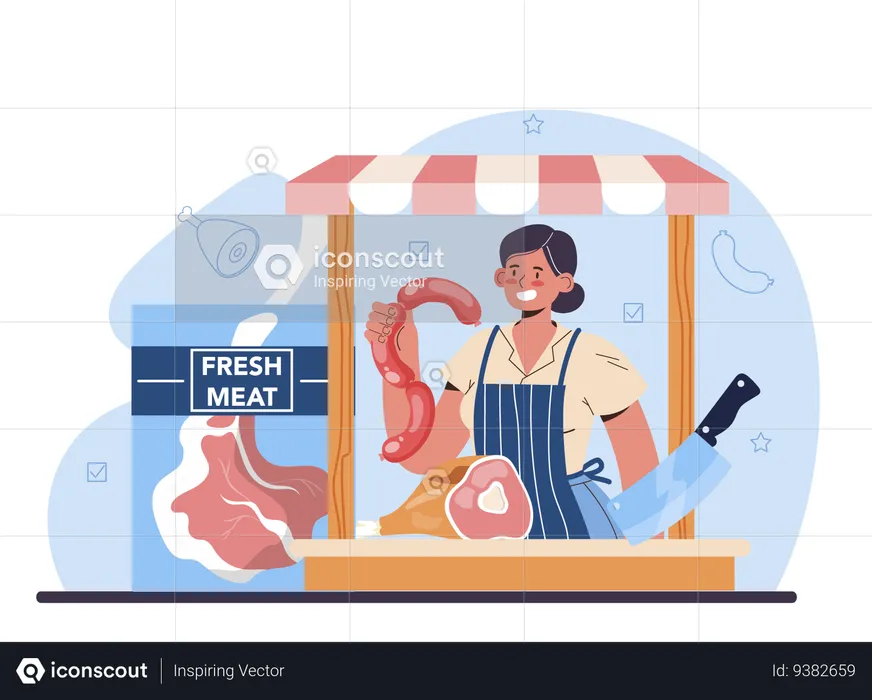 Meat man selling fresh meat  Illustration