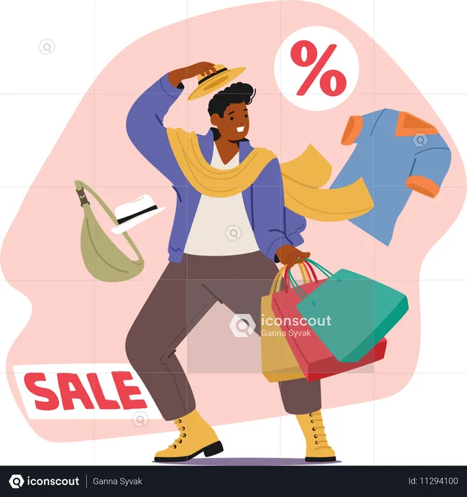 Un homme à la mode, accro au shopping et fou de joie en raison des opportunités de vente pour faire du shopping  Illustration