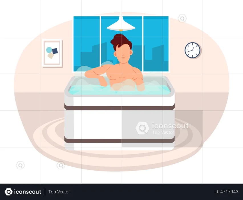 Guy prend un bain à la vapeur chaude. Personnage masculin assis dans un jacuzzi. Une personne nettoie la peau dans la salle de bain  Illustration