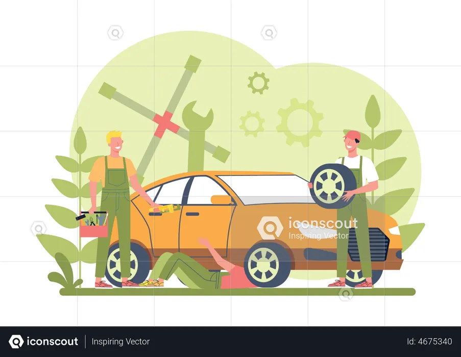 Mecânica de automóveis Reparando carro  Ilustração