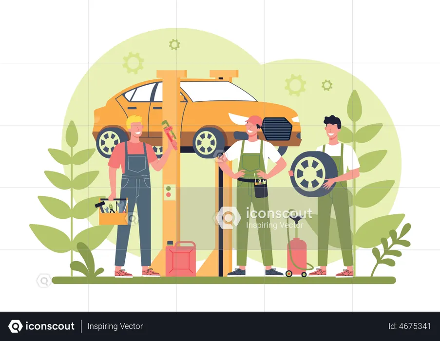 Mecânicos de automóveis trocando pneu de carro  Ilustração