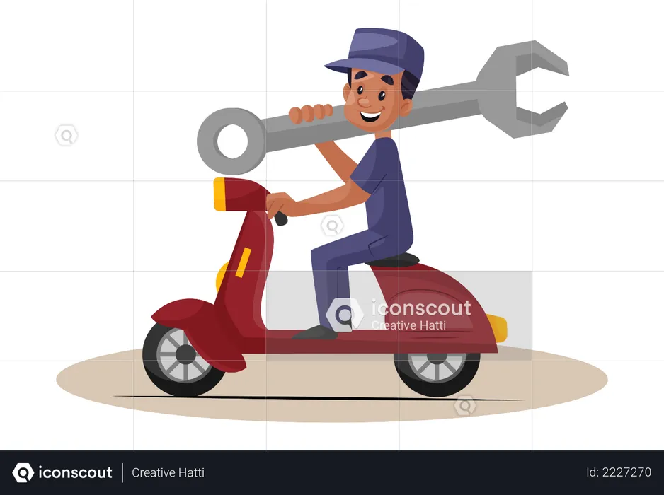 Mecânico indiano indo para reparos em scooter  Ilustração