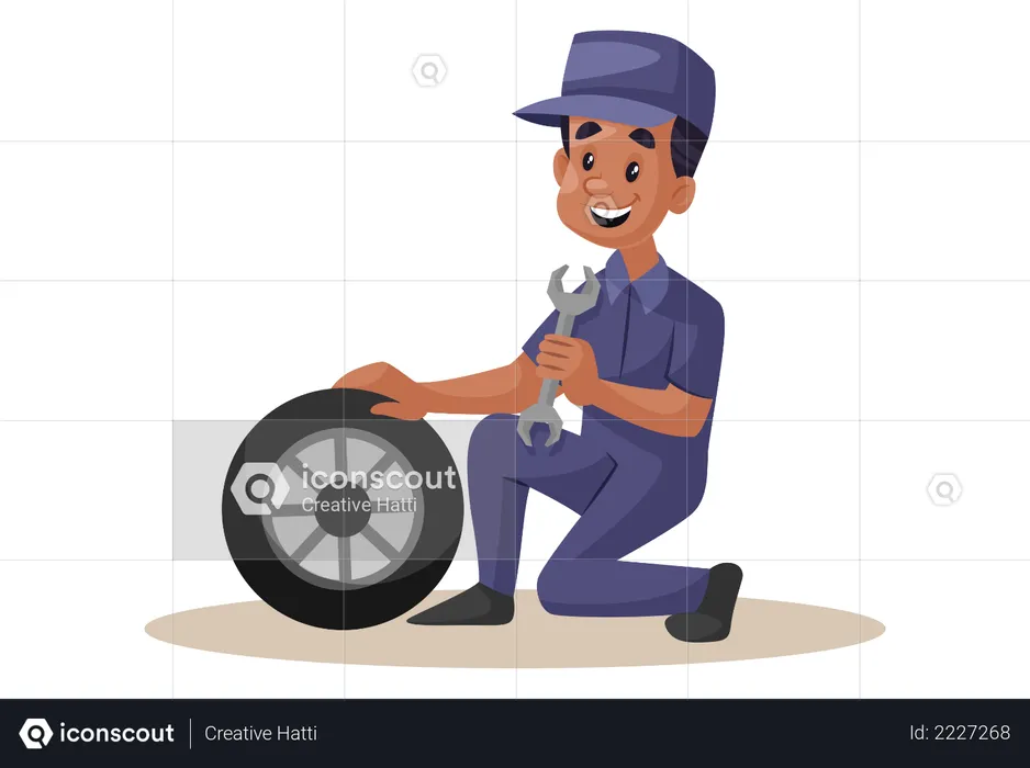 Mecánico indio reparando rueda con llave  Ilustración