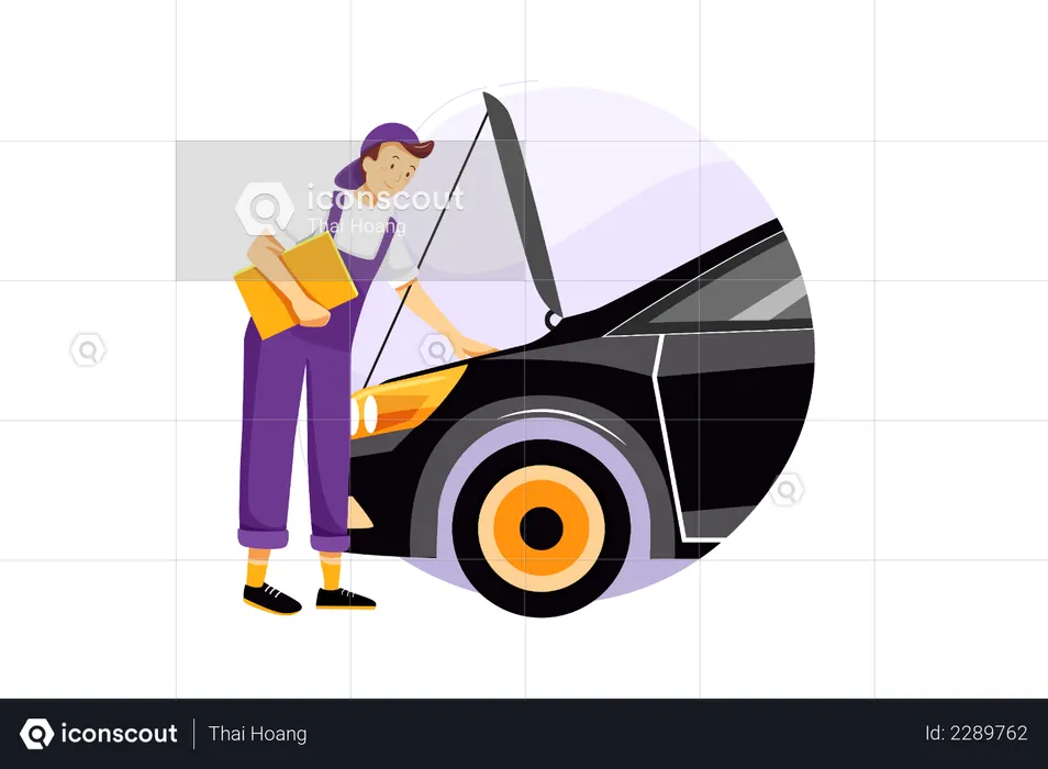 Mecânico masculino verificando o motor do carro  Ilustração