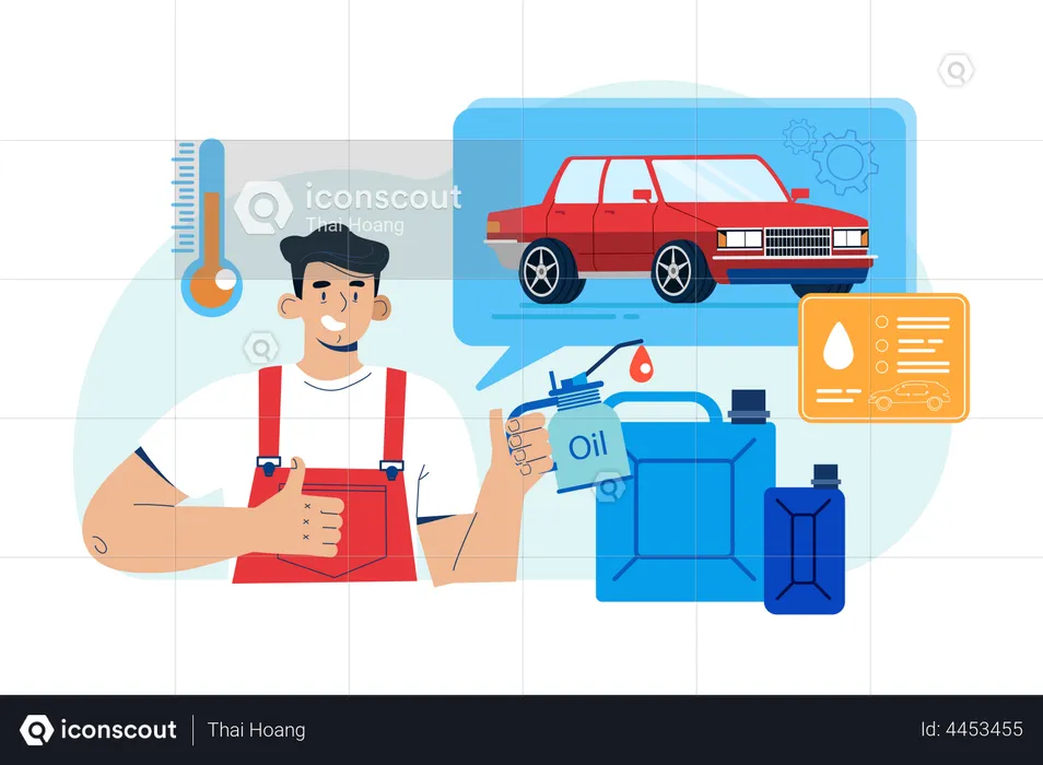 Mechanic changing oil of car engine  Illustration