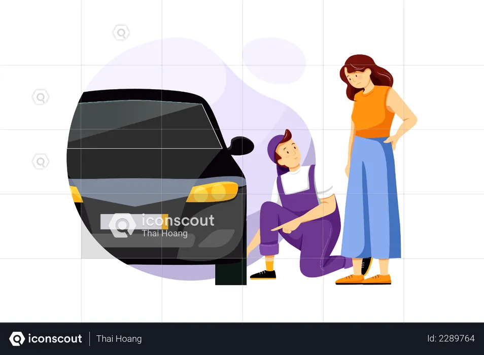 Mechanic checking tyre air pressure and female owner standing  Illustration