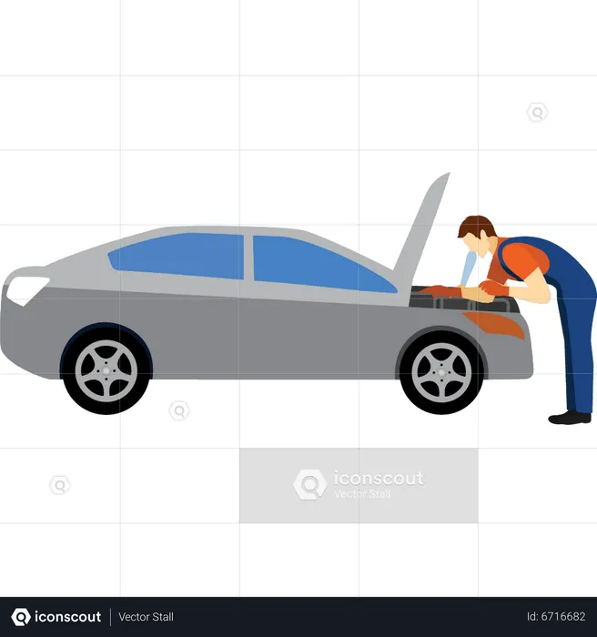Mechanic fixing bonnet of car  Illustration
