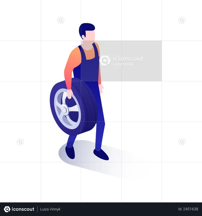 Mechanic holding car tire in his hand  Illustration