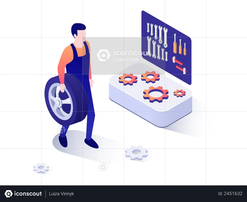 Mechanic holding car tire in his hand  Illustration