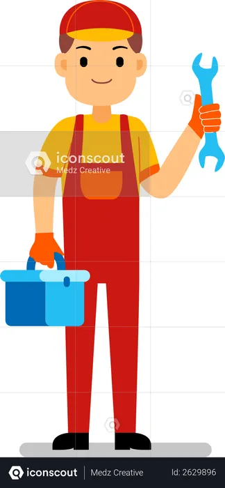Mechanic holding toolbox and screwdriver  Illustration