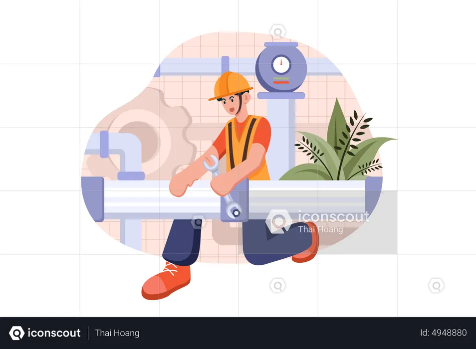 Mechanic holding wrench and plastic pipe  Illustration