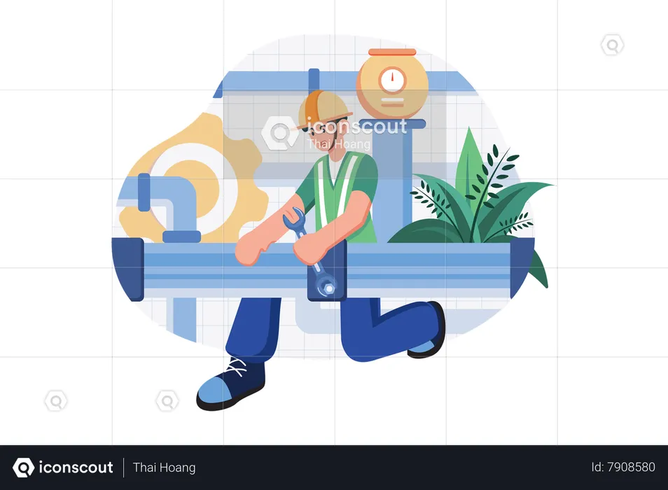 Mechanic holding wrench and plastic pipe  Illustration