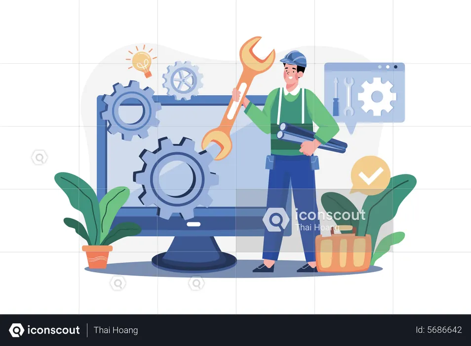 Mechanic holding wrench  Illustration