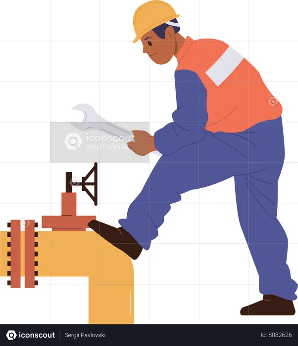 Mechanic male worker repairing pipeline with wrench  Illustration