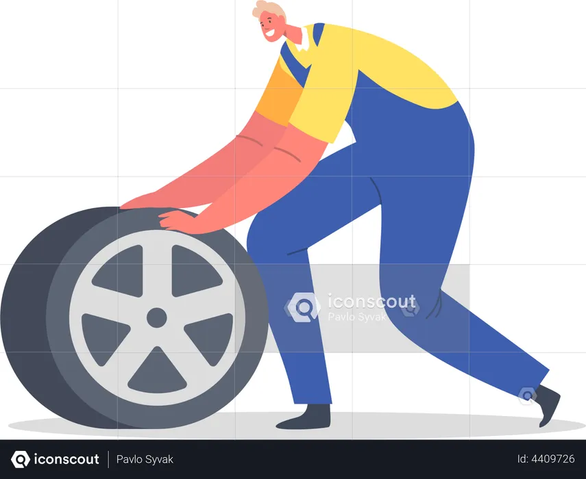 Mechanic mounting tire  Illustration