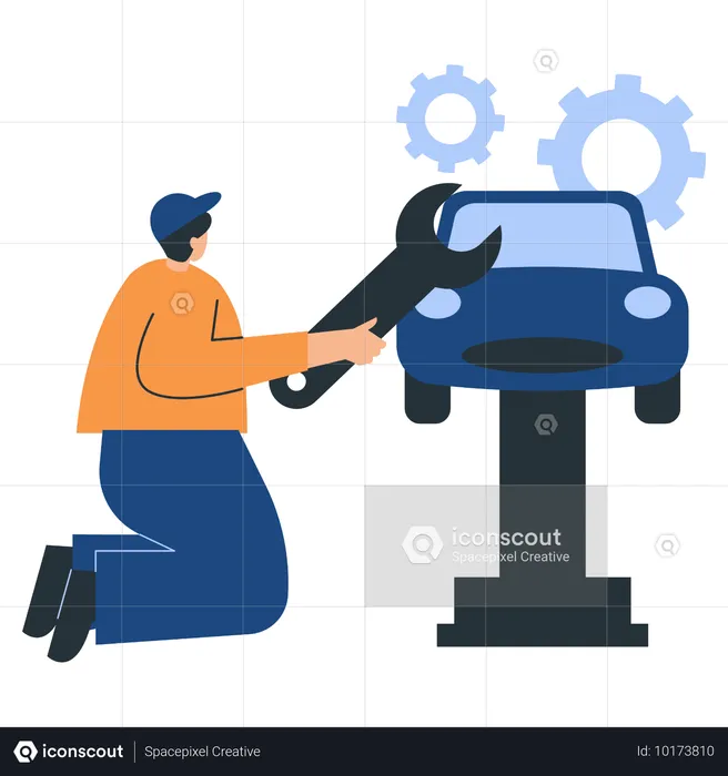 Mechanic repairing car in garage  Illustration