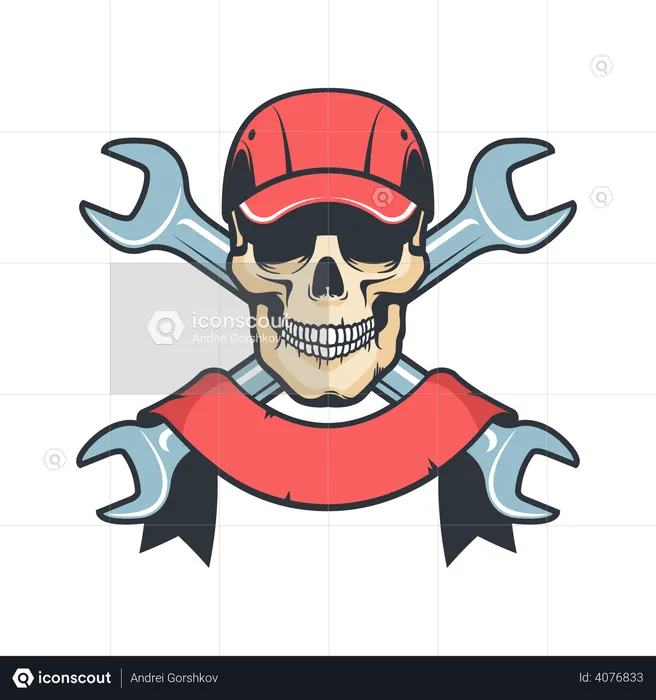 Mechanic Skull in cap with spanner  Illustration