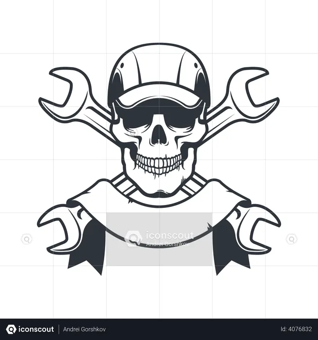 Mechanic Skull in cap with spanner  Illustration