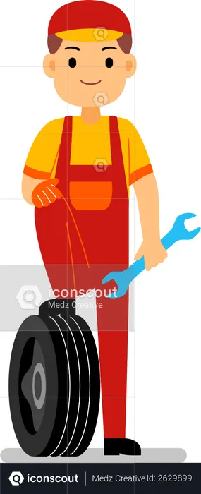 Mechanic standing with tyre  Illustration