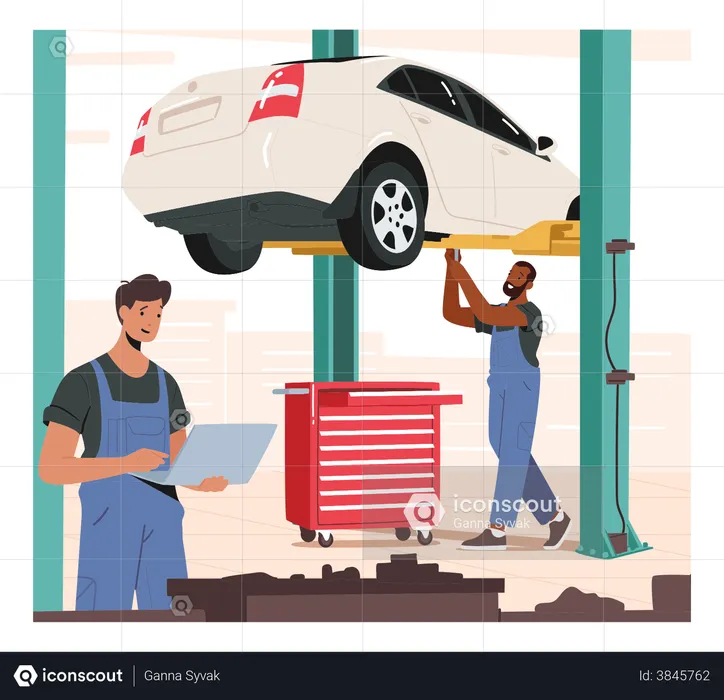 Mechanic working under car using car lift  Illustration