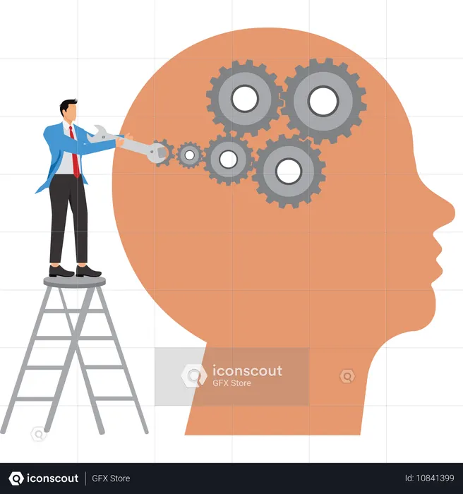Mechanical maintenance, Businessman holding a wrench is repairing among a pile of gears  Illustration