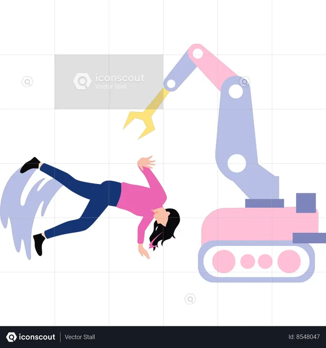 Mechanical robot is helping girl from falling down  Illustration